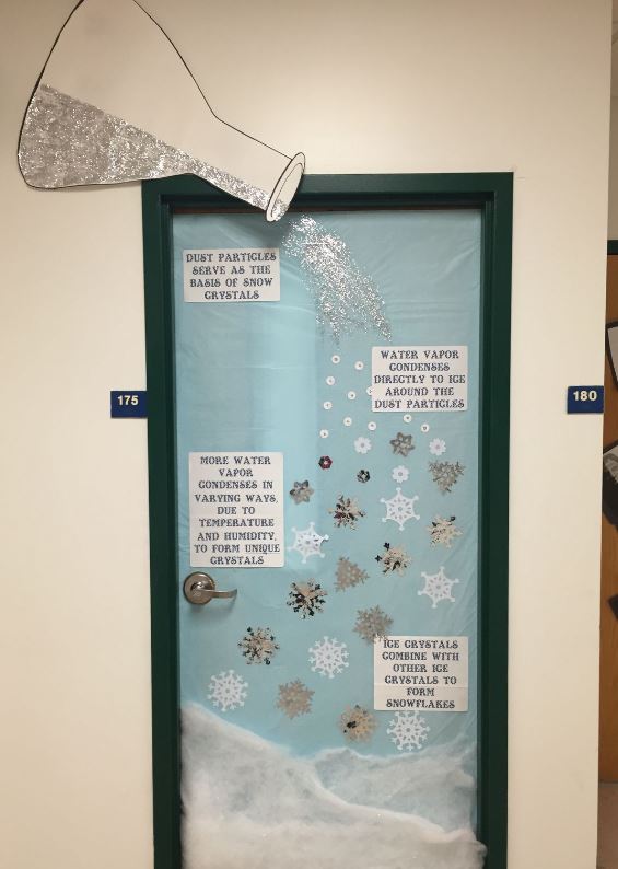 Snow science Christmas decoration for a classroom door