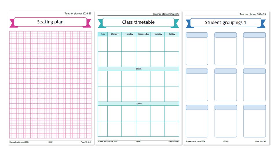 Student group and seating plan templates from Teachit's Teacher Planner